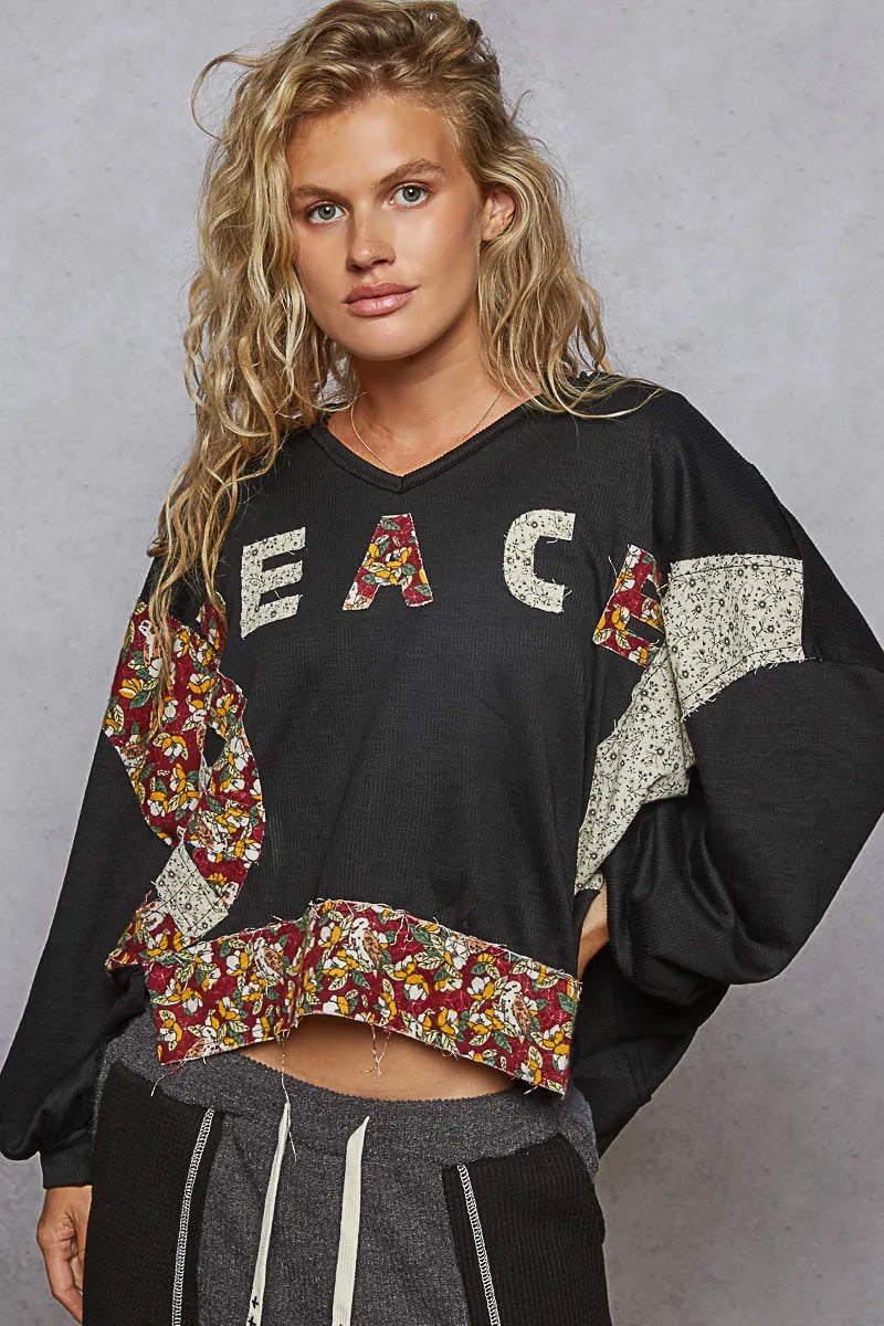 POL Mocha Peace Contrast Patch Floral Long Sleeve Hoodie