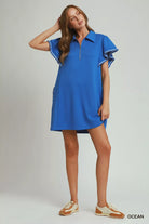 Umgee Ocean Half Zip Ruffle Rib Band Butterfy Sleeve Mini Dress with Pockets