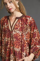 Umgee Latte Animal Print Boho Tunic Dress with Contrast Trim Detail