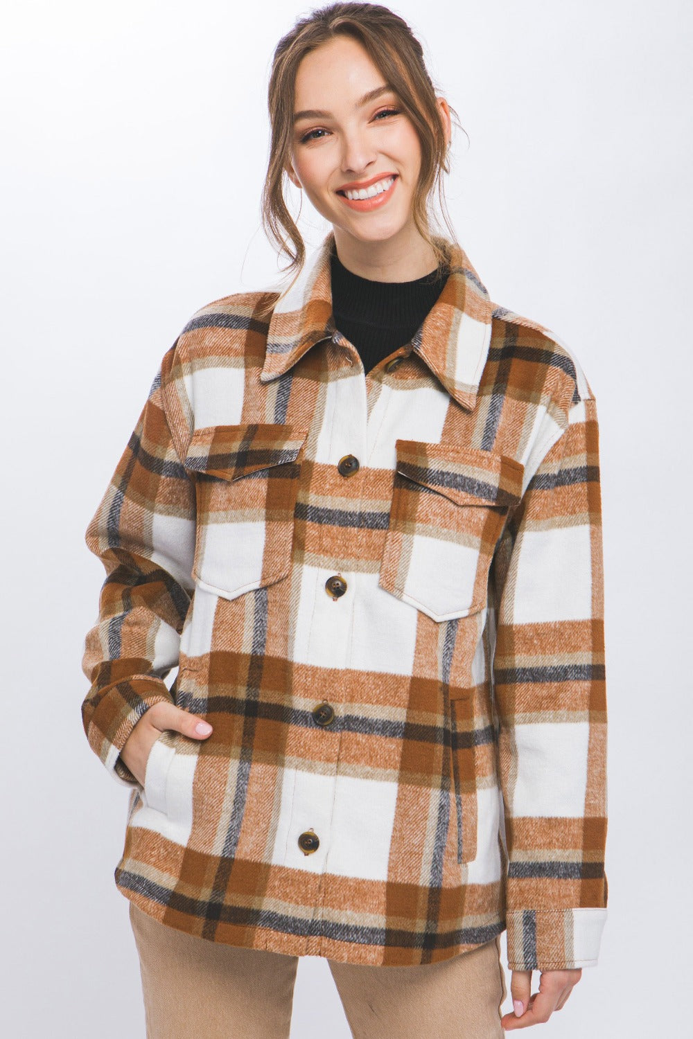 Love Tree Clay Plaid Button Up Shacket Clay Trendsi