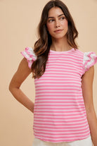 Annie Wear Pink Ruffled Striped Round Neck Cap Sleeve Knit Top Pink