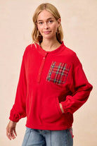 BiBi Red Christmas Theme Fleece Buttoned Top with Pockets