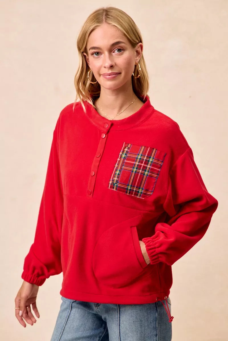 BiBi Red Christmas Theme Fleece Buttoned Top with Pockets