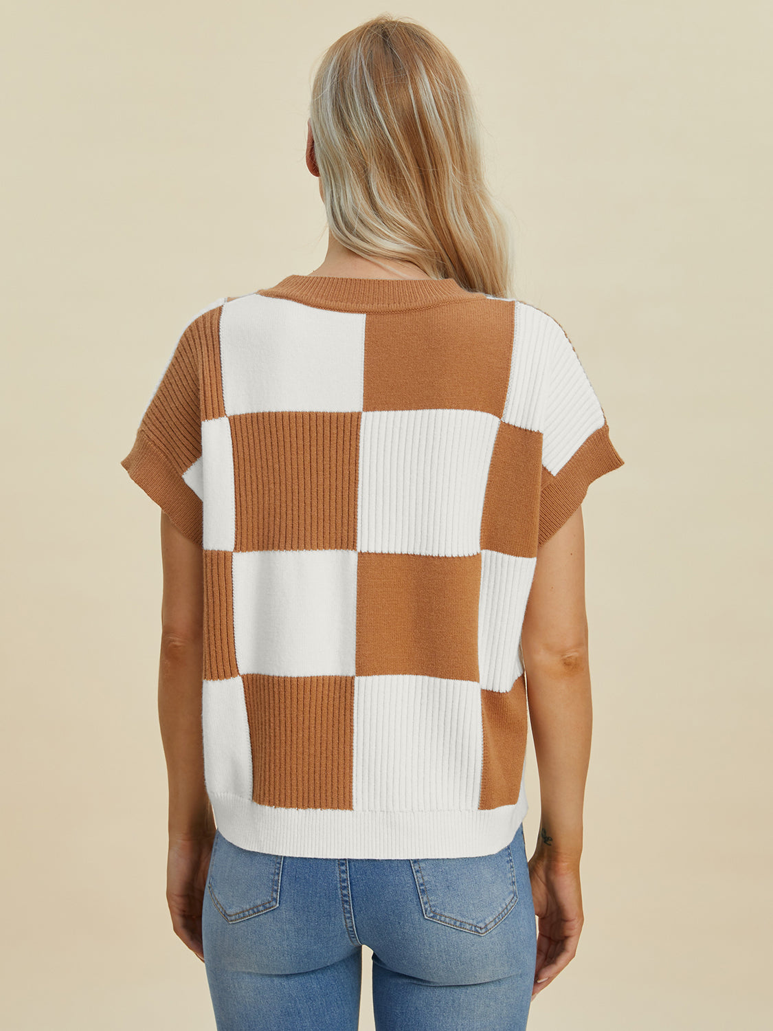 Double Take Checkered Round Neck Short Sleeve Sweater Trendsi