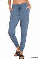 Zenana Dusty Blue Drawstring Cotton Joggers with Pockets