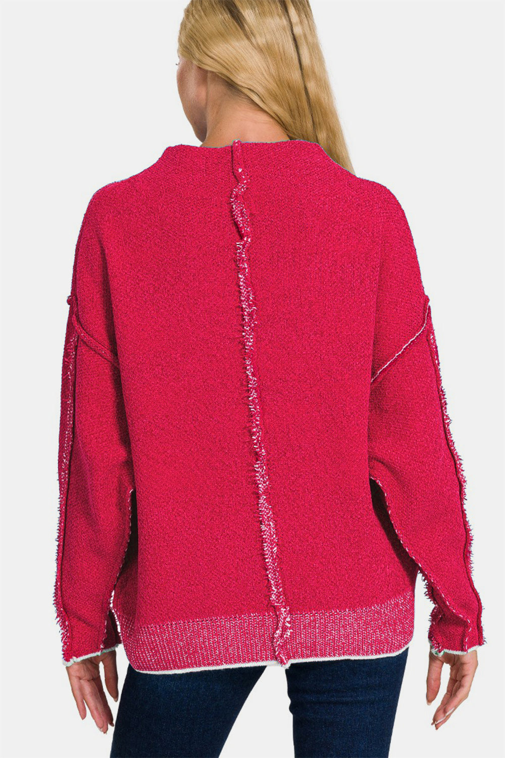 Zenana Viva Magenta Exposed Seam Mock Neck Long Sleeve Sweater Trendsi