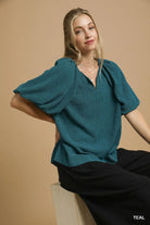 Umgee Teal Textured Flutter Sleeve Notch Neck Top