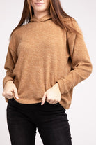 Zenana Hooded Brushed Melange Hacci Sweater DEEP CAMEL ZENANA