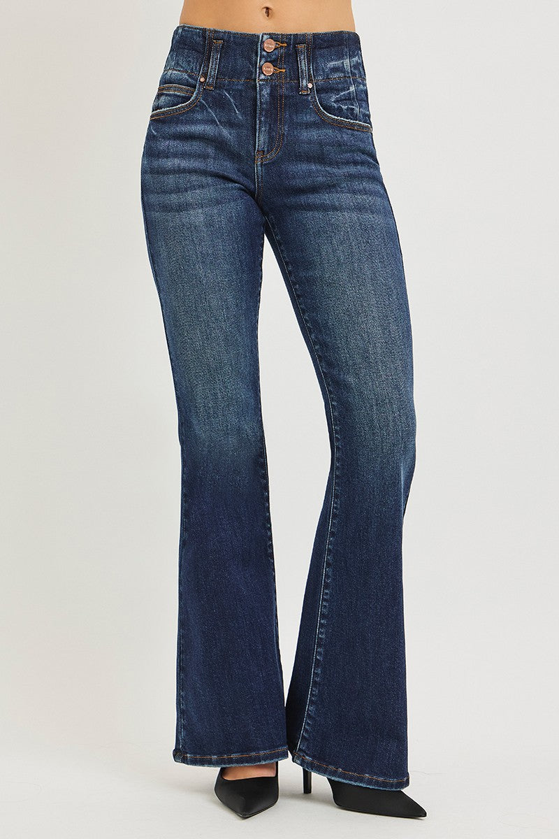 RISEN Dark Washed High Rise Flare Jeans With Seam Detail Waistband
