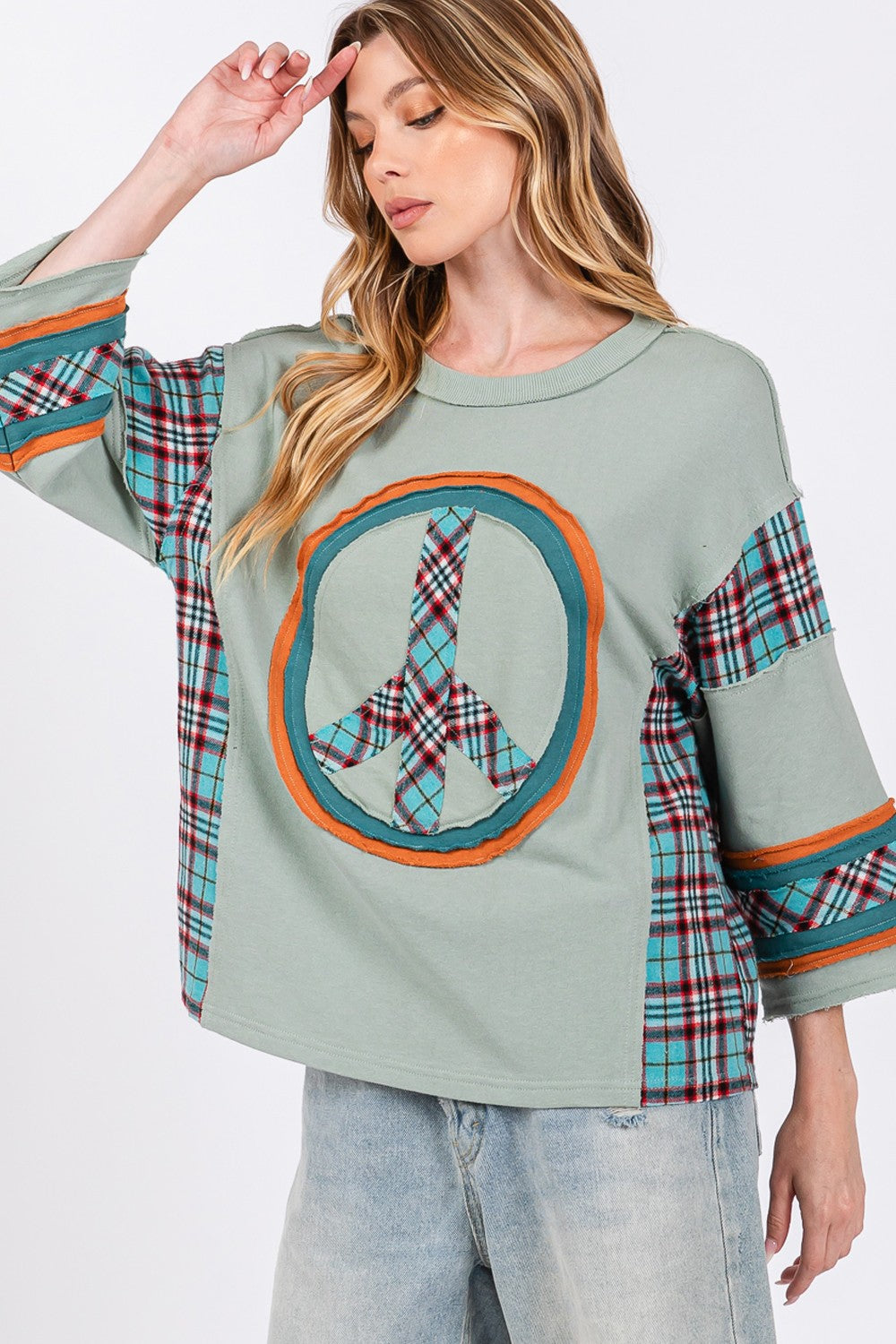 SAGE + FIG Peace Applique Patch Contrast Plaid Top in Autumn Sage Trendsi