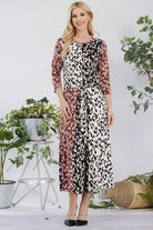 Celeste Leopard Color Block Front Tie Midi Dress