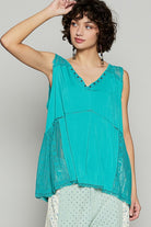 POL Turquoise Lace Detail Studded Crisscross Back V-Neck Sleeveless Top