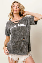 BiBi Black Charcoal Washed Laser Cut Detail Cool Mom Print Top