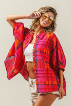 BiBi Fuchsia Button Up Dolman Sleeve Plaid Shirt Trendsi