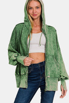 Zenana Dark Green Acid Washed French Terry Zip-Up Hoodie with Pockets Trendsi