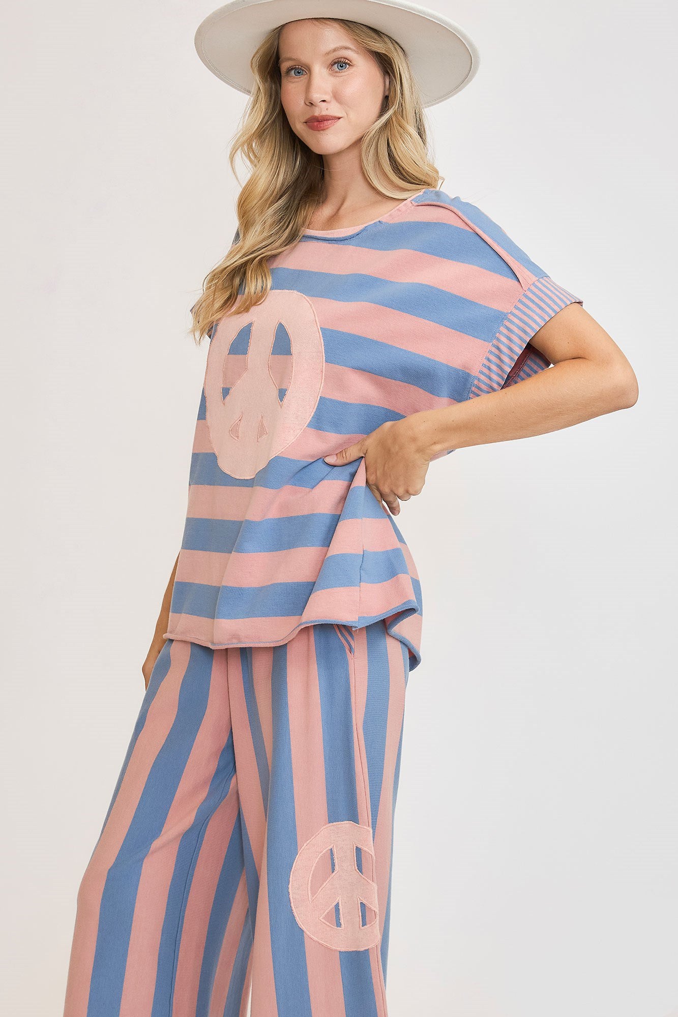 Umgee Washed Dusty Blue & Pink Peace Sign Patch Striped French Terry Top Shirts & Tops