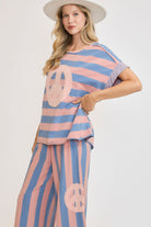 Umgee Washed Dusty Blue & Pink Peace Sign Patch Striped French Terry Top Shirts & Tops