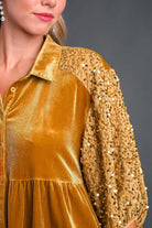 Umgee Mustard Velvet Sequin Detail Tiered Back Half Sleeve Blouse Shirts & Tops