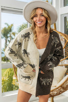 BiBi Tiger Open Front Long Sleeve Contrast Cardigan in Oatmeal & Mocha Trendsi