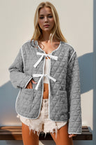 Preorder: Double Take Gray Contrast Trim Tie Front Quilted Jacket with Pockets Gray Trendsi