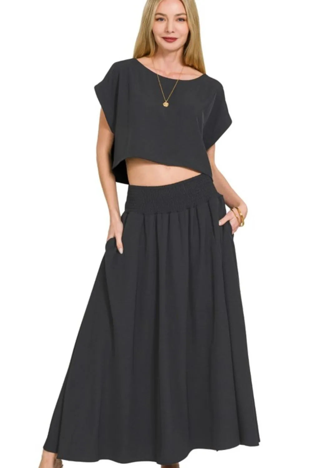Zenana Black Heavy Woven Span Crop Tee & Skirt Set BLACK