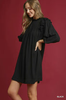 Umgee Black Linen Ruffle Shoulder Pleated Babydoll Dress