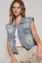 POL Denim Assymetrical Front Closure Raw Hem Denim Vest