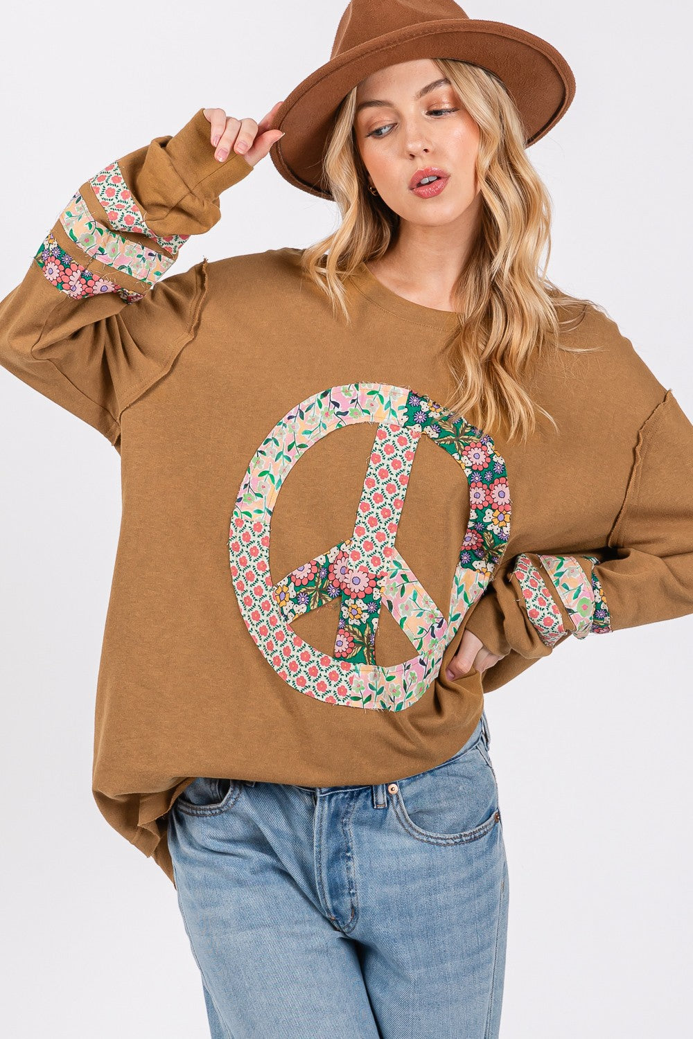 SAGE + FIG Peace Applique Patch Long Sleeve Top in Bronze Trendsi