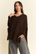 Davi & Dani Chocolate High-Low Side Slit Batwing Sleeve Top Chocolate