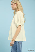 Umgee Off White Textured Trim Detail Short Sleeve Top