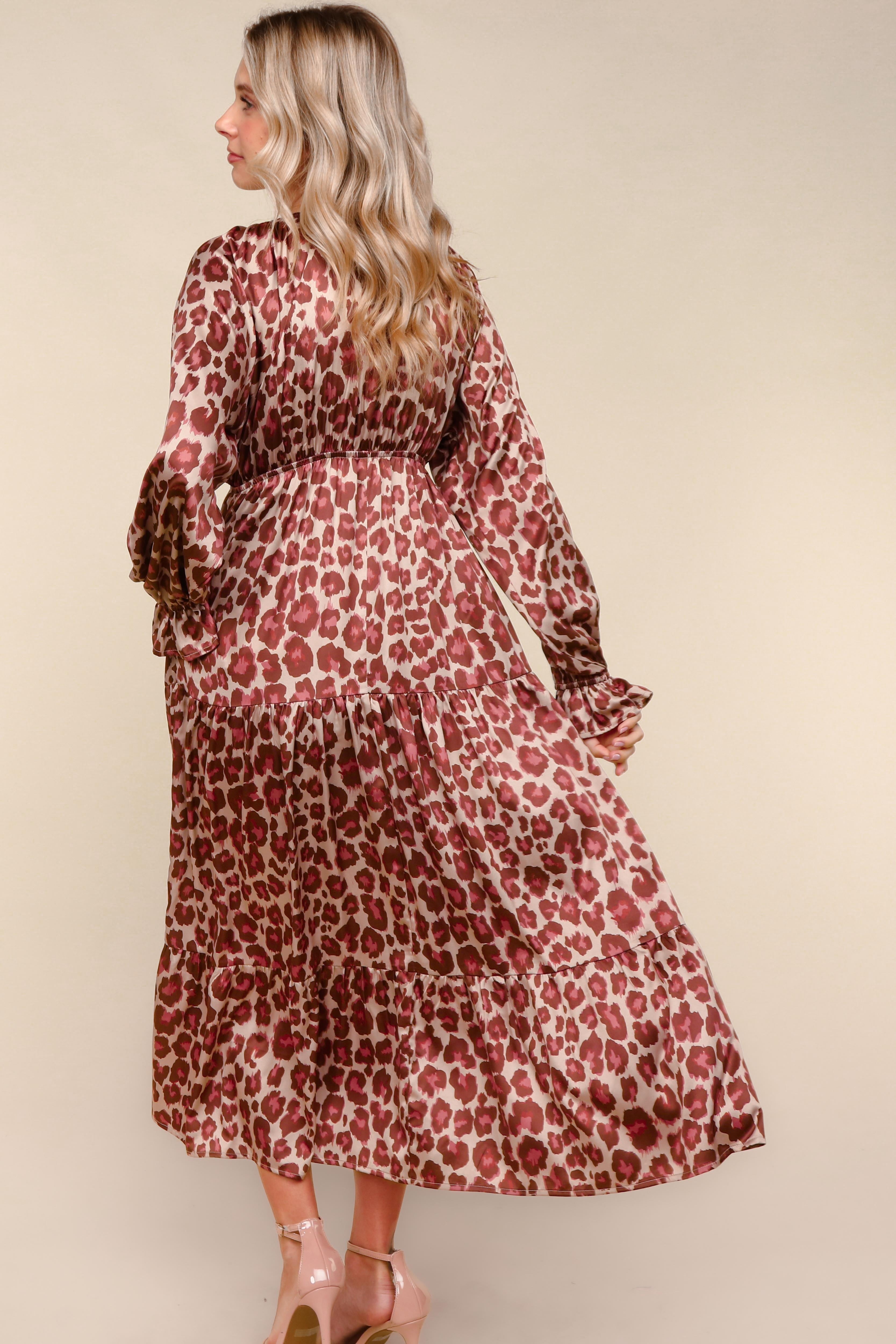 Haptics Taupe/Rust Satin Leopard Tiered Maxi Dress
