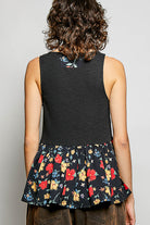 POL Black Ribbed Sleeveless Top with Lace Bust Floral Woven Patch