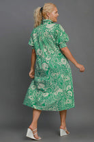 Umgee Green Floral and Paisley Printed Smocked Cuff Puff Sleeve Midi Dress