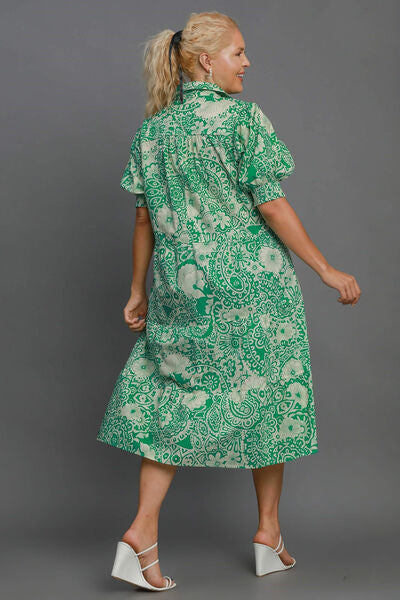 Umgee Green Floral and Paisley Printed Smocked Cuff Puff Sleeve Midi Dress