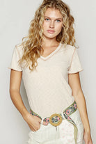 POL Almond V-Neck Short Sleeve Ribbed T-Shirt with Contrast Overlock Stitching ALMOND