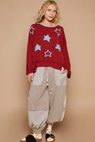 POL Dark Red Exposed Seam Relaxed Fit Sweater with Star Denim Patches