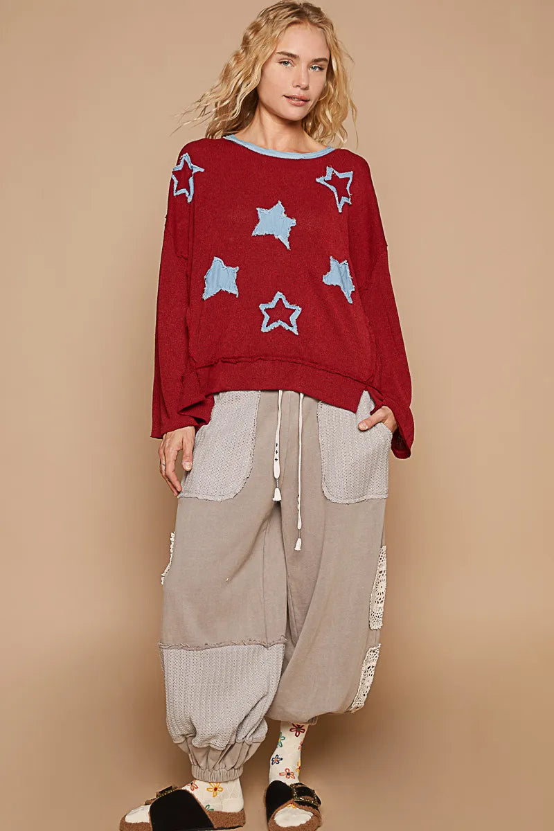 POL Dark Red Exposed Seam Relaxed Fit Sweater with Star Denim Patches