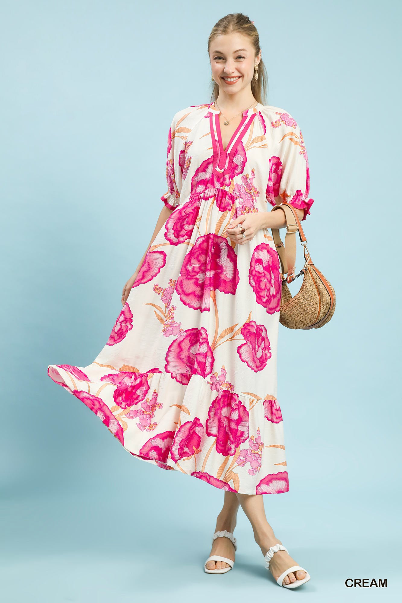 Umgee Cream Floral Print Midi Dress with Contrast Trim CREAM
