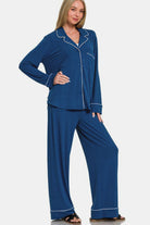 Zenana Peacock Blue Button Down Long Sleeve Top and Pants Lounge Set Peacock Blue Loungewear Set