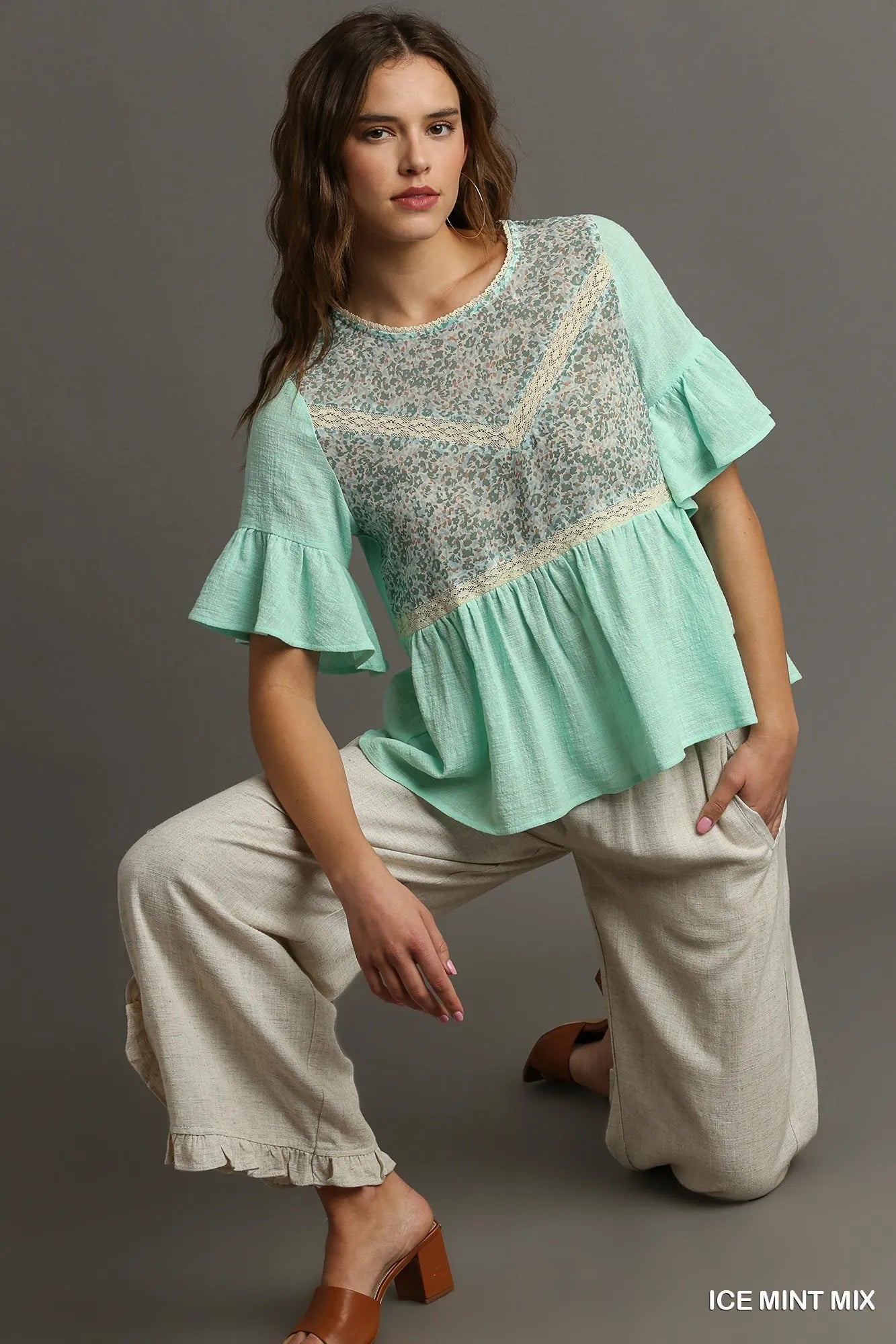 Umgee Ice Mint Mix Floral Lace Trimmed Detail Half Sleeve Babydoll Top