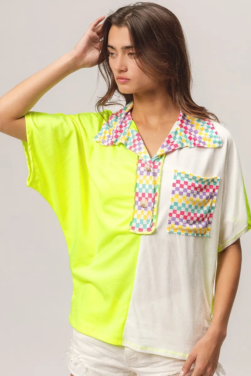BiBi Neon Yellow Color Block Knit with Multi Checker Contrast Top
