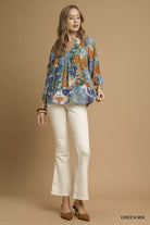 Umgee Green Mix Multicolor Abstract Floral Print Blouse with Ruffle Neck