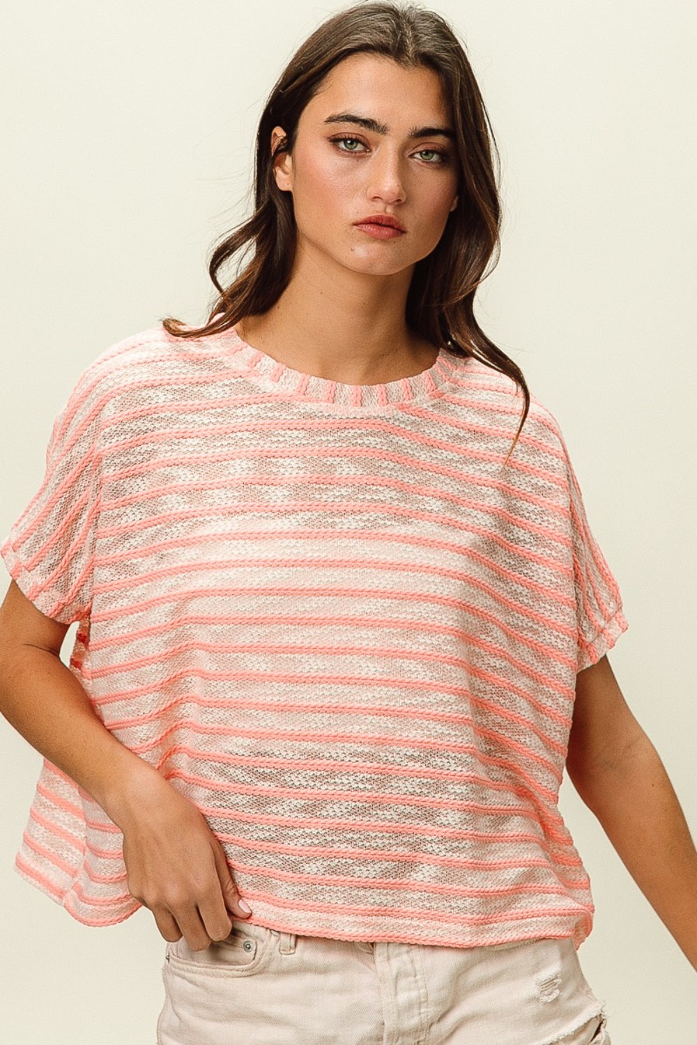 BiBi Pink Braided Striped Short Sleeve Round Neck T-Shirt