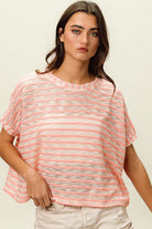 BiBi Pink Braided Striped Short Sleeve Round Neck T-Shirt Pink Trendsi