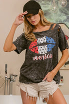BiBi Laser Cut Mineral Washed Old Glory Lip Print Top in Black Charcoal BLACK CHARCOAL