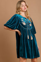 Umgee Deep Teal Embroidered Half Sleeve Velvet Mini Dress with Tassel Dresses