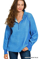 Zenana OCEAN BLUE/SKY BLUE Ribbed Two Tone Half Zip Sweater
