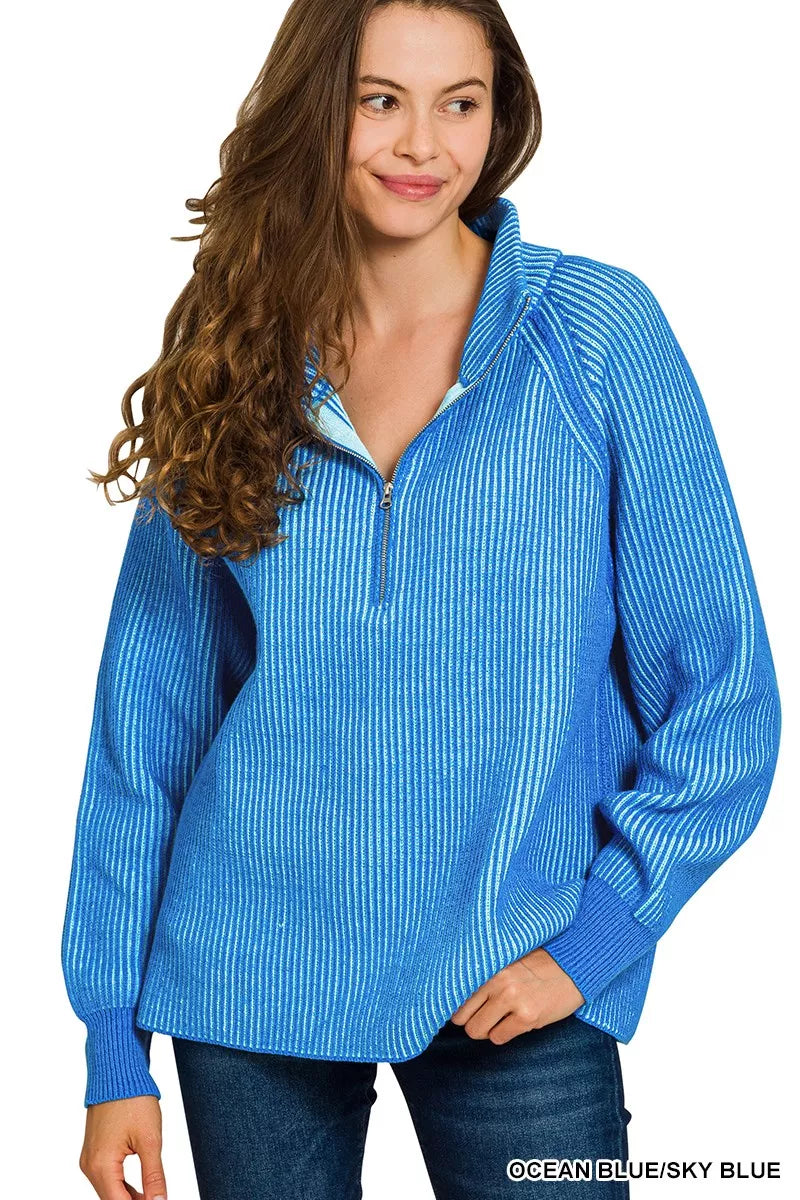 Zenana OCEAN BLUE/SKY BLUE Ribbed Two Tone Half Zip Sweater