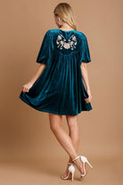 Umgee Deep Teal Embroidered Half Sleeve Velvet Mini Dress with Tassel Dresses