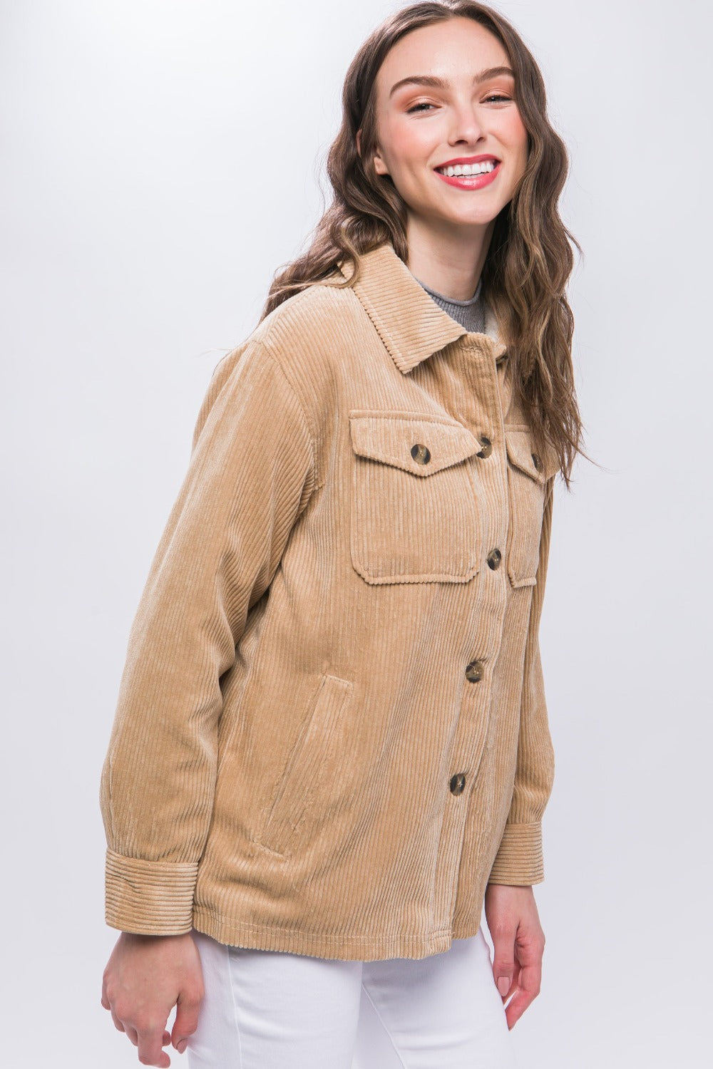 Love Tree Beige Corduroy Button Up Jacket with Sherpa Inside Trendsi